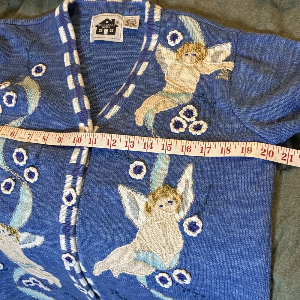 Vintage Storybook Knits Cardigan Womens S Blue Angels Cherubs Granny Sweater 90s - Picture 6 of 8